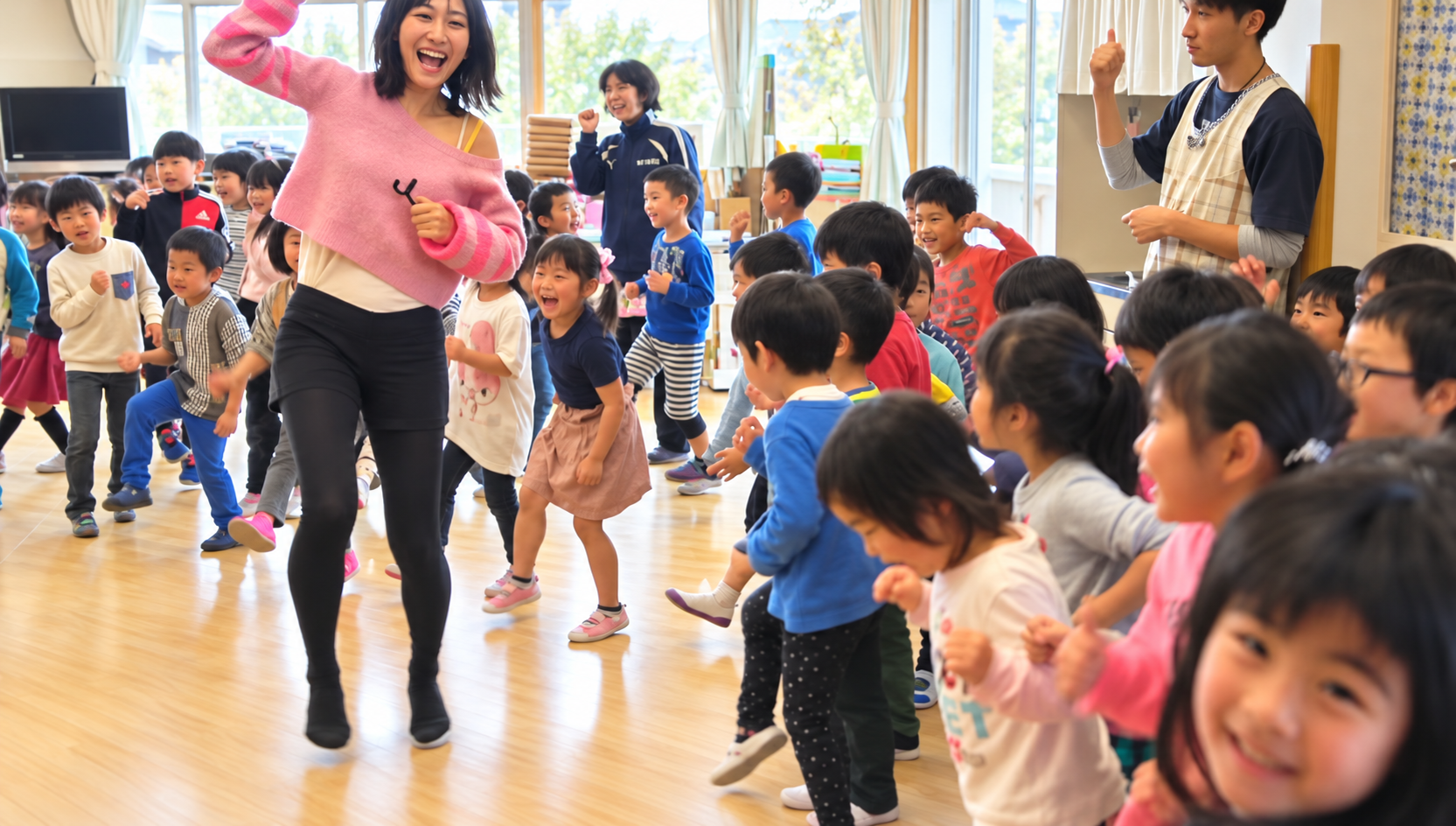 子どもたちに囲まれ、笑顔で腕を上げて踊るJunko☆