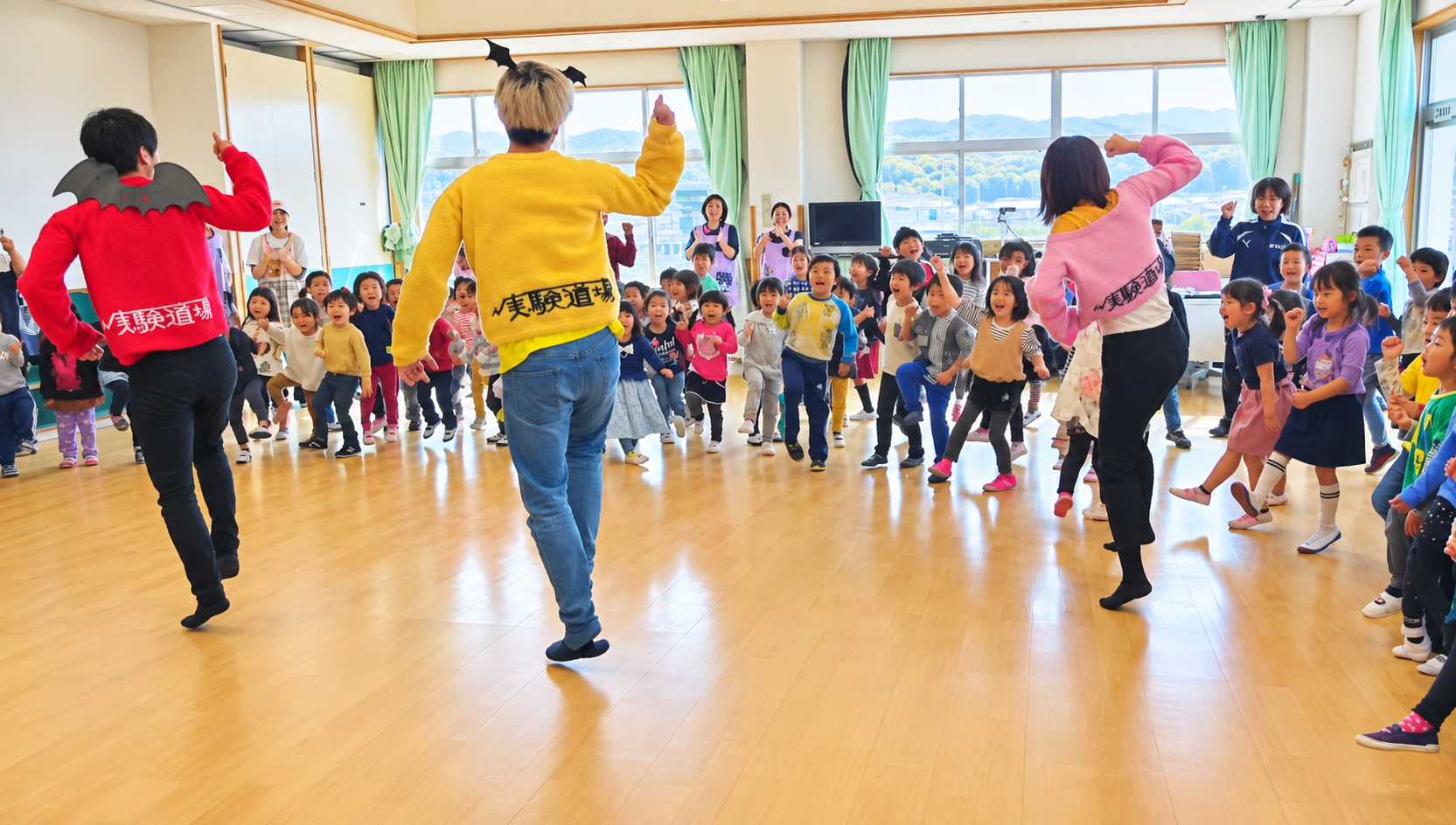赤・黄色・ピンクの服の出演者3人と、向かい合って踊る園児たち
